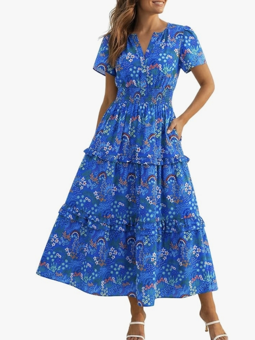 Blue Floral Tiered Midi Dress